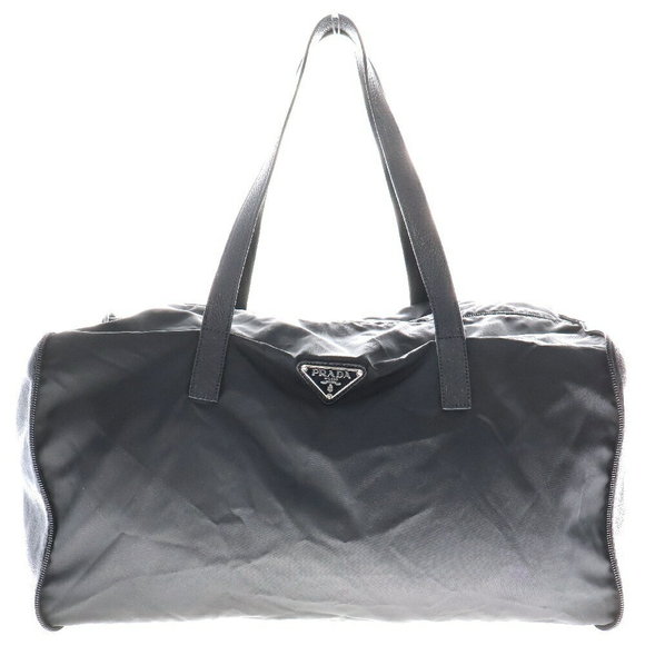 Prada Triangle Nylon Leather Boston Bag Black - Picture 1 of 5
